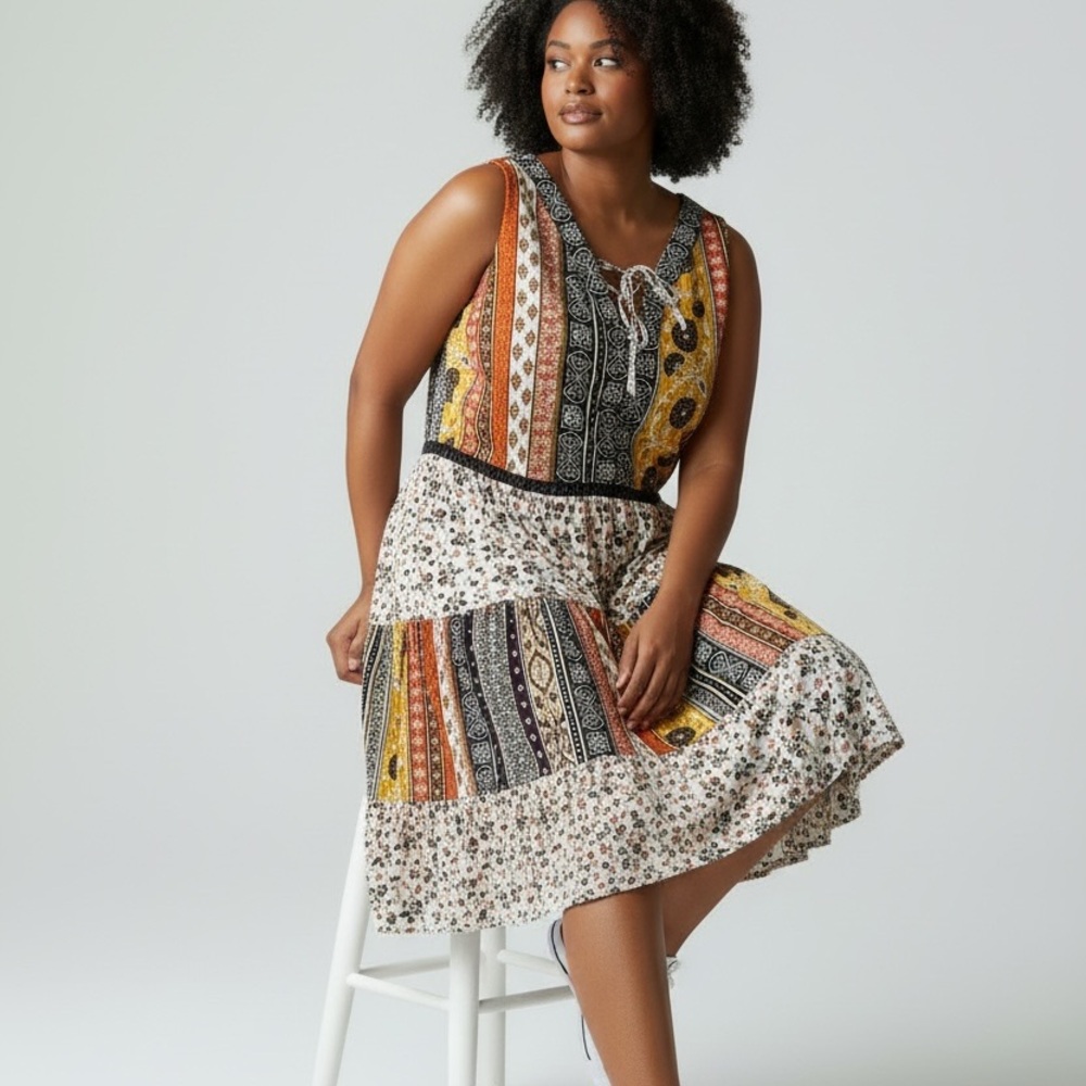 Maurices Boho Patchwork Tiered Midi Dress XL Cottagecore Festival Prairie